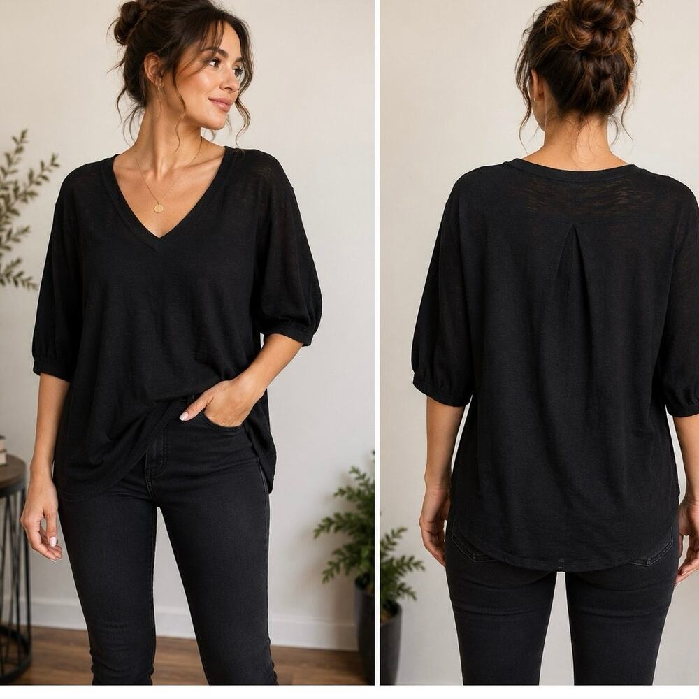 HAKU Black Lightweight V Neck Knit Top Balloon Sleeve Oversized Large